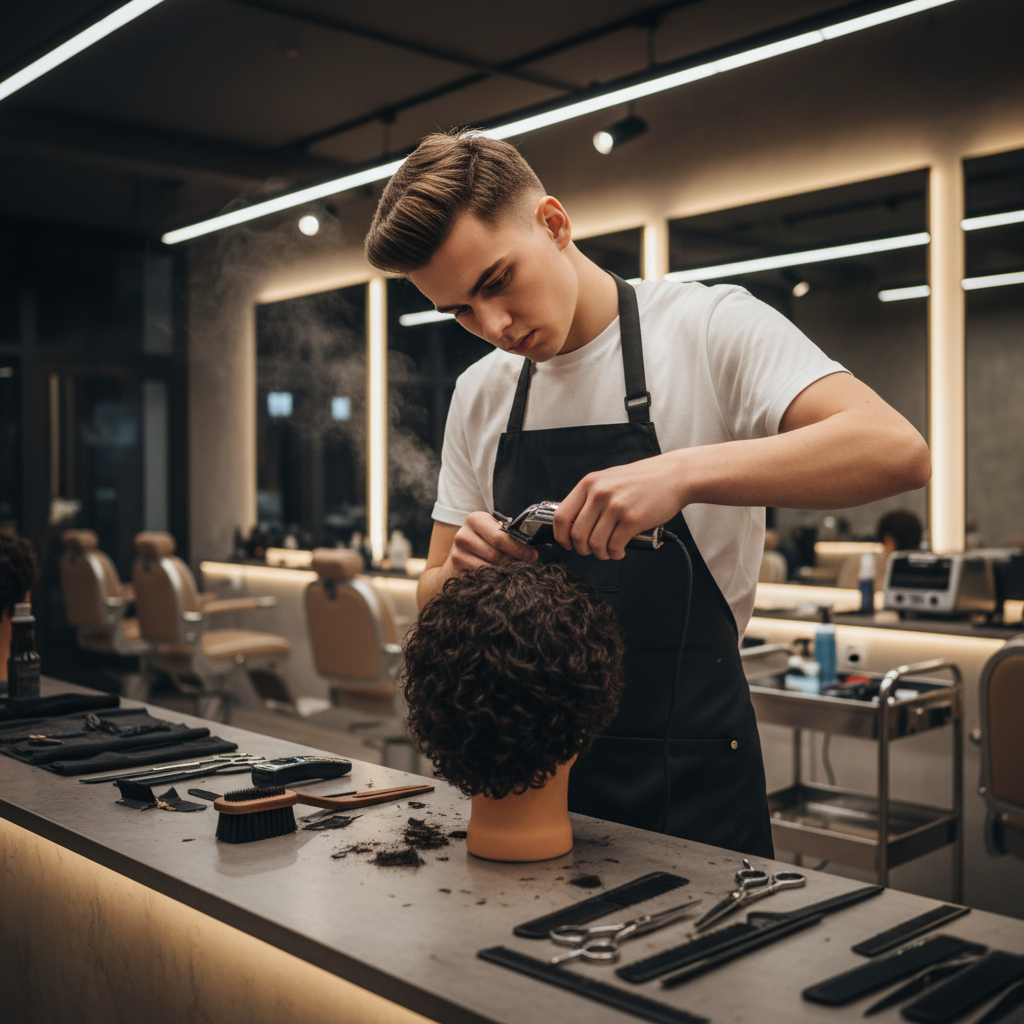 Weekend intensive student working late evening on barbering skills