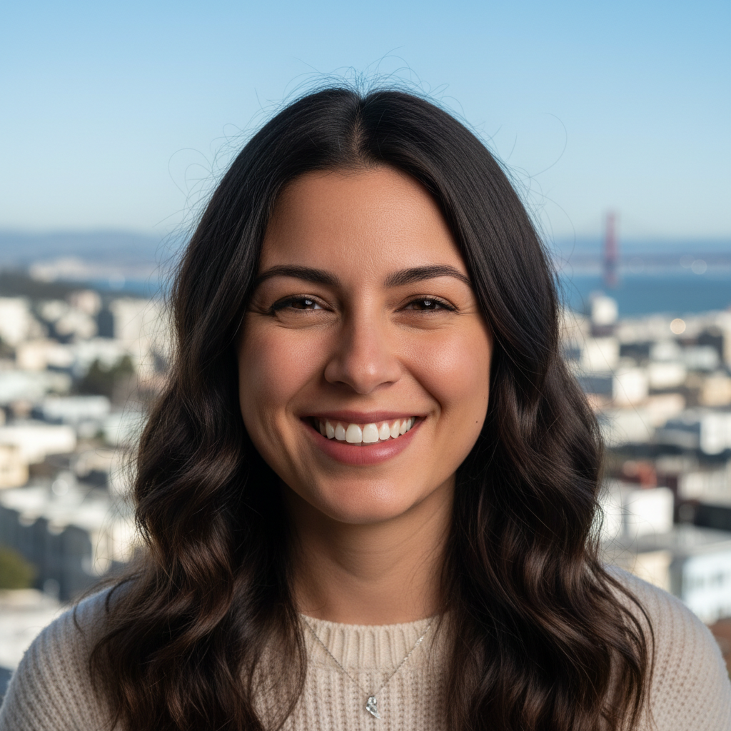 Portrait of Preethi Nair, a woman with dark hair smiling in San Francisco