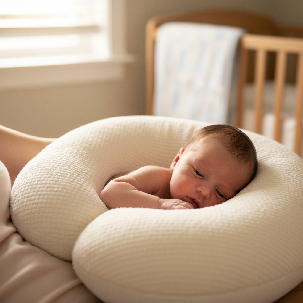 Parent asleep on a nursing pillow with baby on their chest in soft morning light