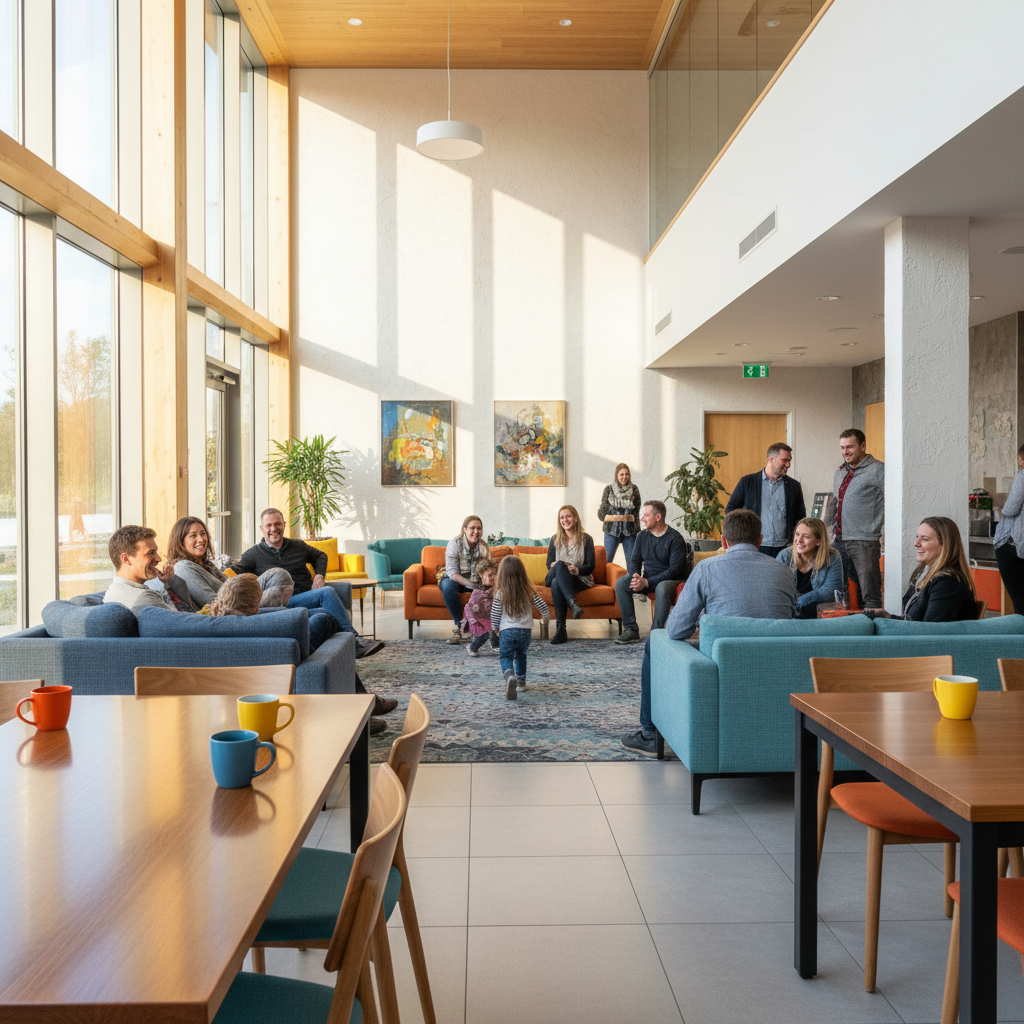 Luminous community gathering space with warm golden light, modern architecture, open collaborative environment, bright and airy atmosphere