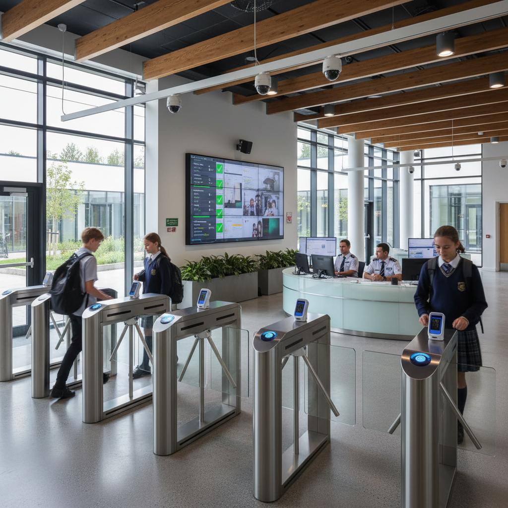 Modern school building entrance with glass doors and controlled access points in bright daylight