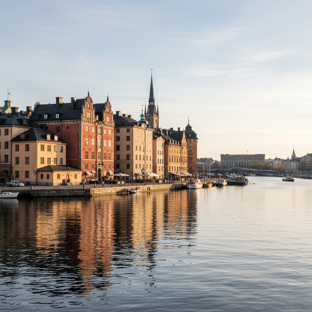 Stockholm old town Gamla Stan at sunset, colorful historic Scandinavian architecture