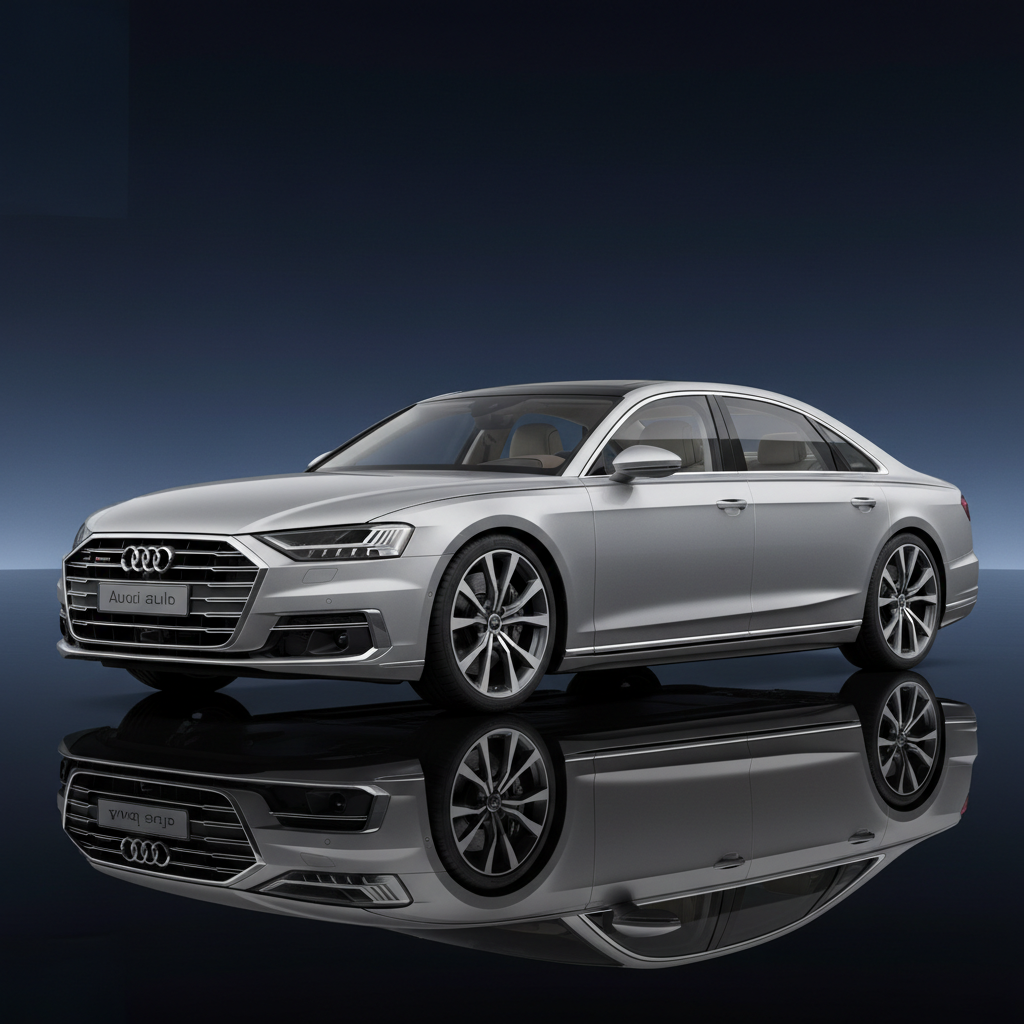 Audi A8 flagship luxury sedan in deep black, hotel entrance setting, polished wheels, dramatic lighting