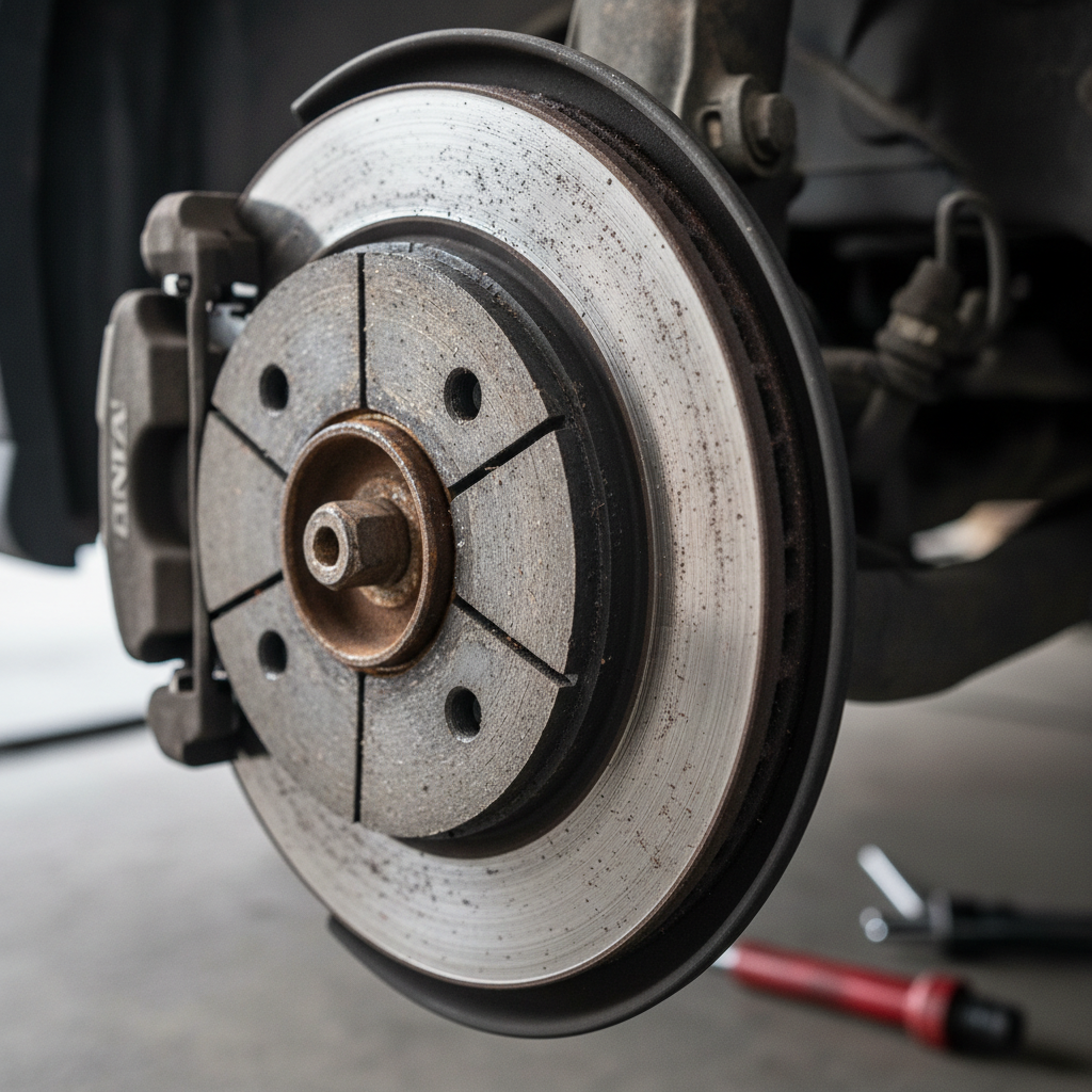 Close-up of worn brake pads and rotor on vehicle in auto shop