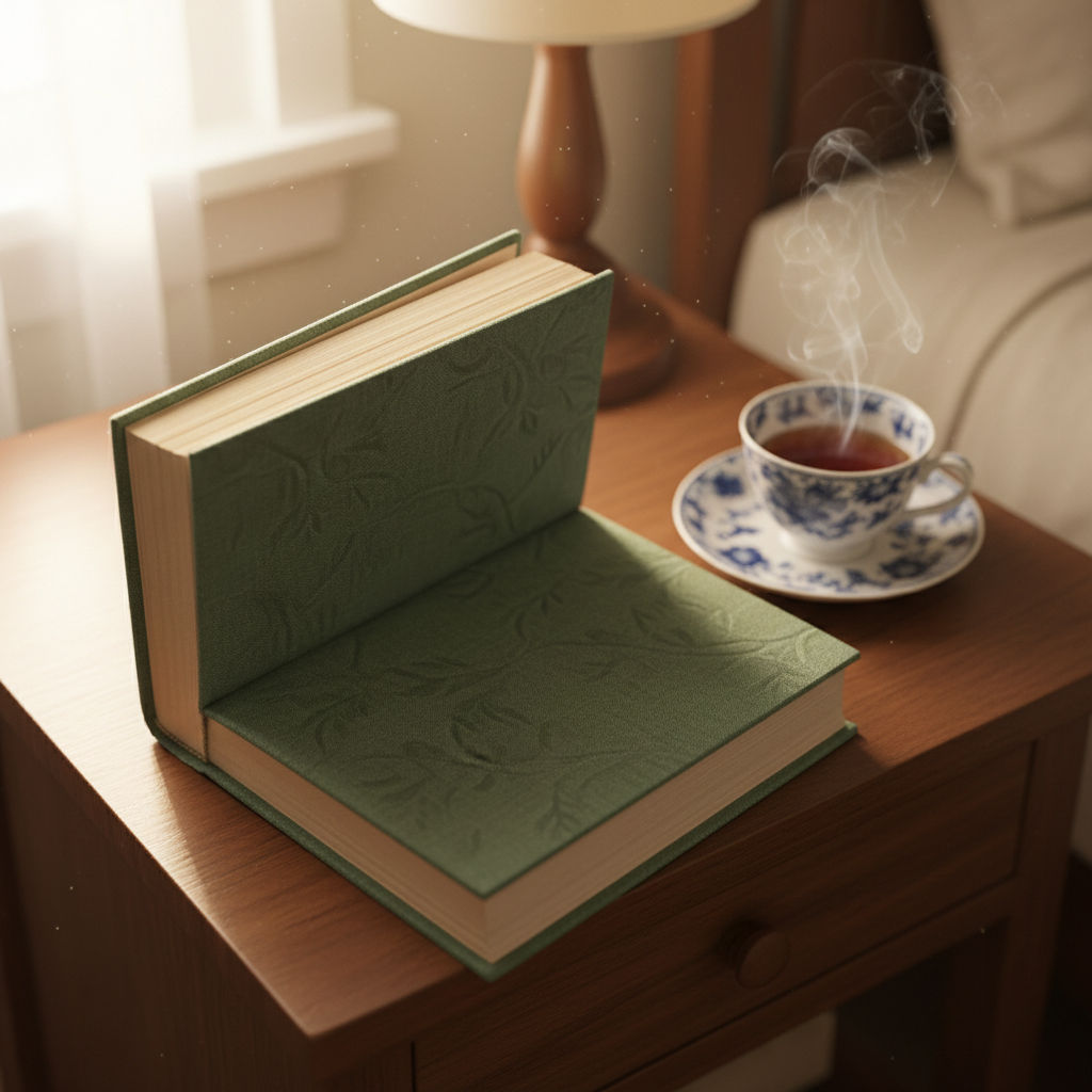 Cloth-bound hardcover open on a nightstand beside a cup of tea in morning light