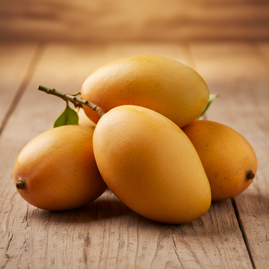 Golden-orange Chonsa mangoes on a rustic wooden table with dramatic warm lighting, rich amber tones, premium presentation