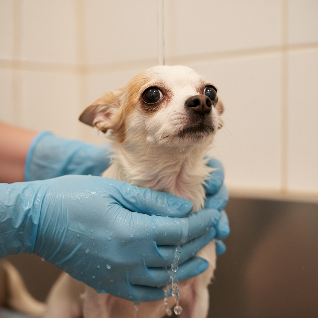 Gloved groomer hands gently holding a trembling small dog under warm water, shallow depth of field, calm clinical setting