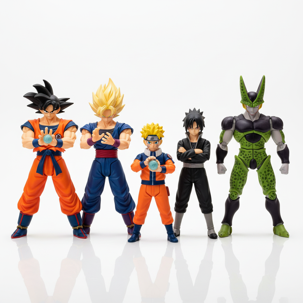 Anime action figures including Dragon Ball and Naruto characters in vibrant colorful display