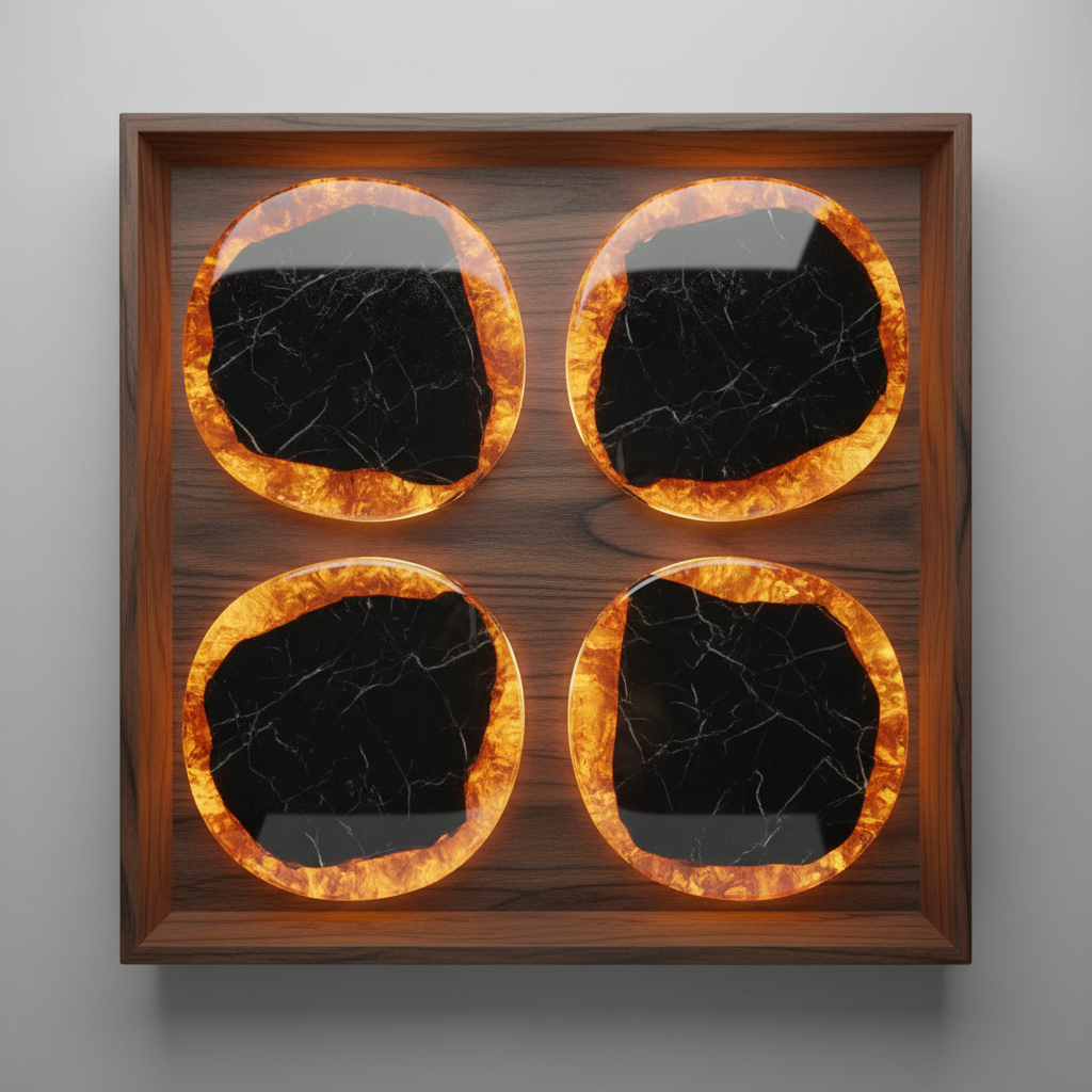 Set of four obsidian marble coasters with amber resin border on dark walnut tray, top-down view