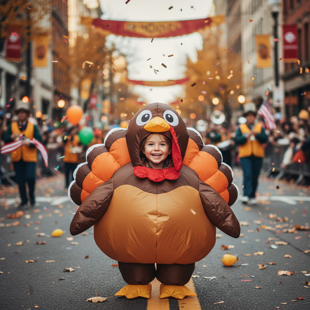 Child in inflatable turkey costume at parade