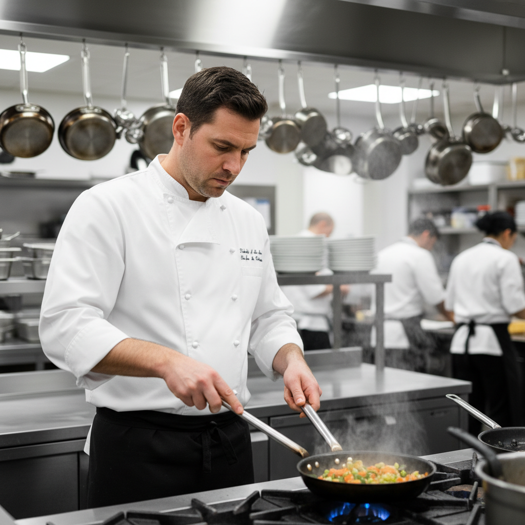 Japanese chef in white jacket with focused expression in professional kitchen with dramatic side lighting