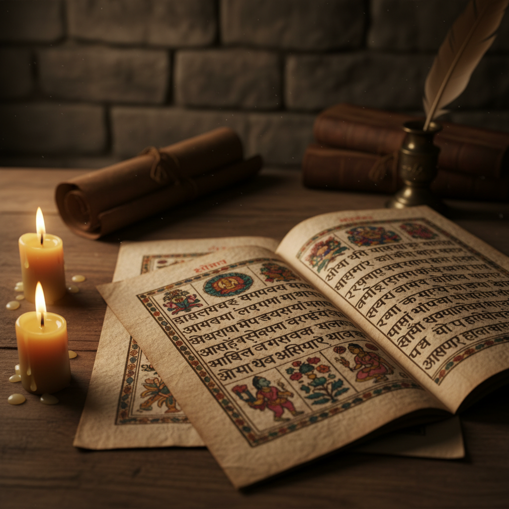 Ancient Sanskrit manuscript pages with handwritten text, warm parchment color, candlelight atmosphere, scholarly setting