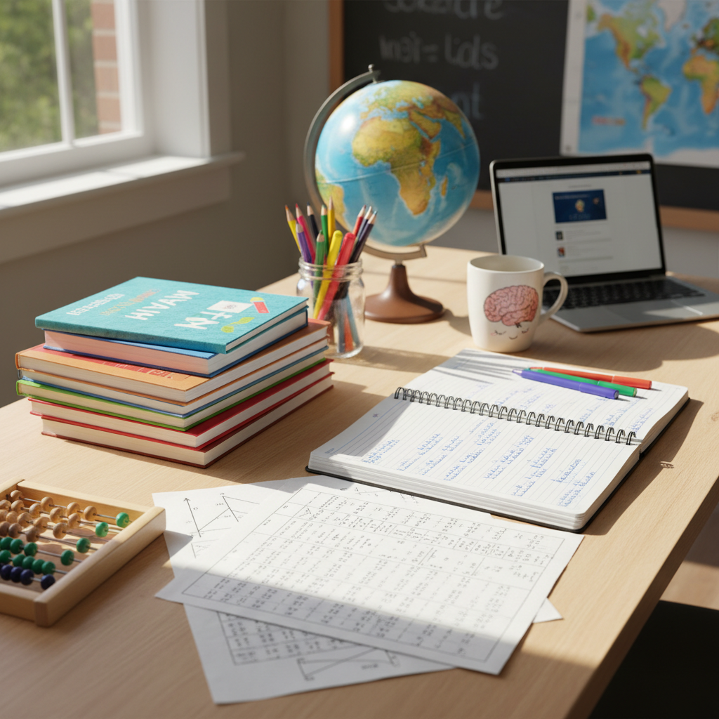 Organized homeschool desk with colorful folders, pencils, and an open planner