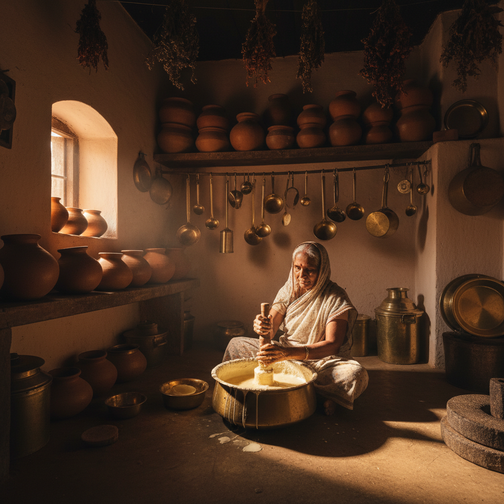 Traditional Indian cooking class with colourful spices and clay pots in rustic kitchen