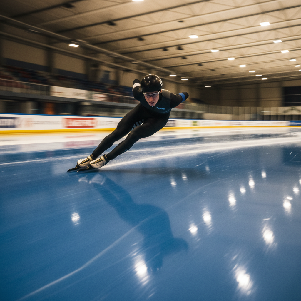 Speed skater mid-crossover on ice, lone athlete under tungsten arena light with ice surface reflecting a ghosted streak