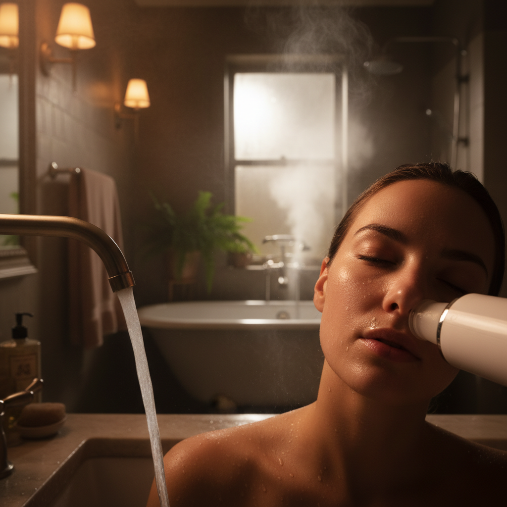 Pore device being used in moody bathroom — water running, steam visible, skin flushed and clean under warm amber light