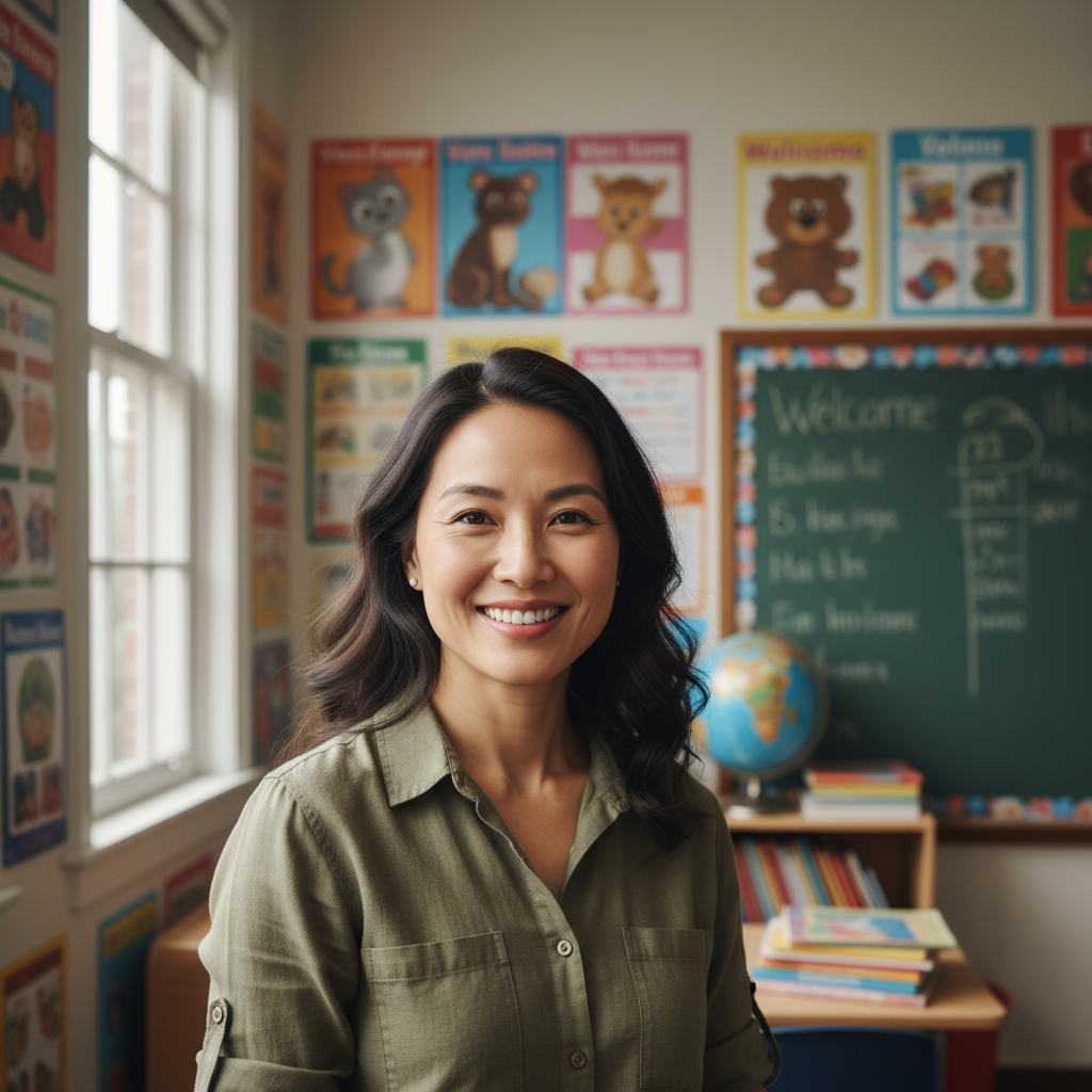 A Vietnamese-American woman teacher in her 30s in a bright classroom, smiling