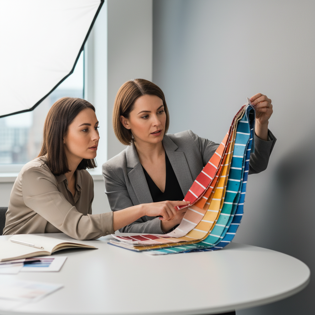 Professional image consultant reviewing color swatches with a client in bright studio