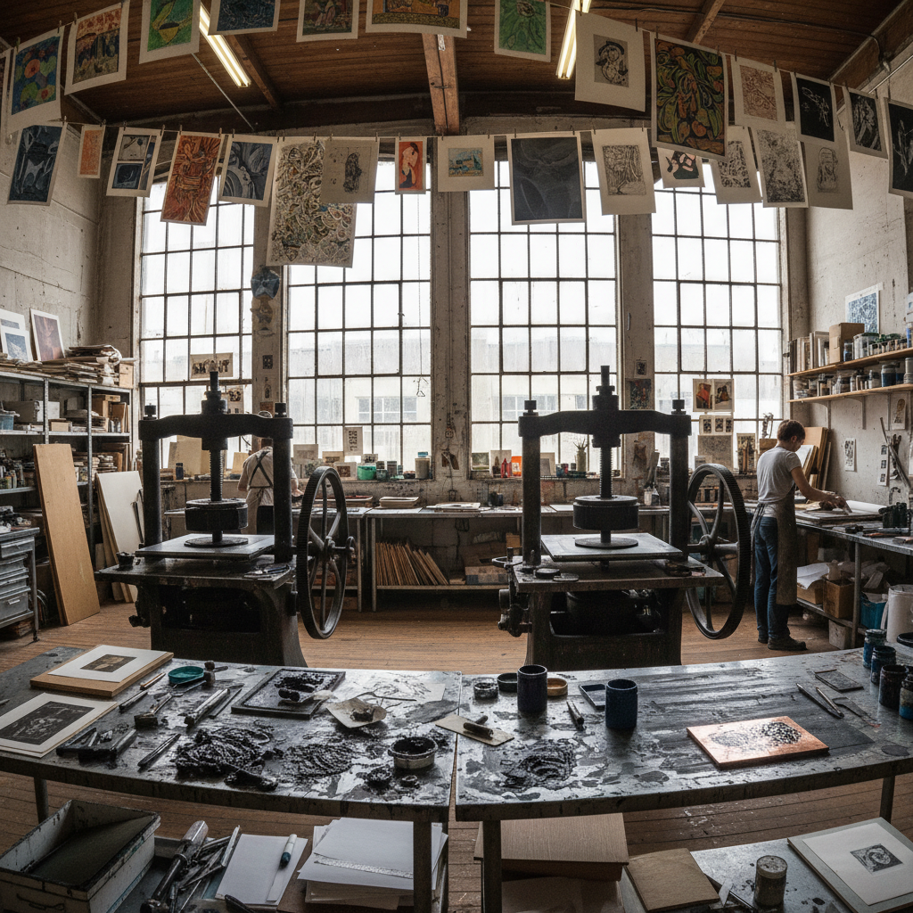 Printmaking studio with large etching presses, ink-covered surfaces and drying prints hanging from lines overhead