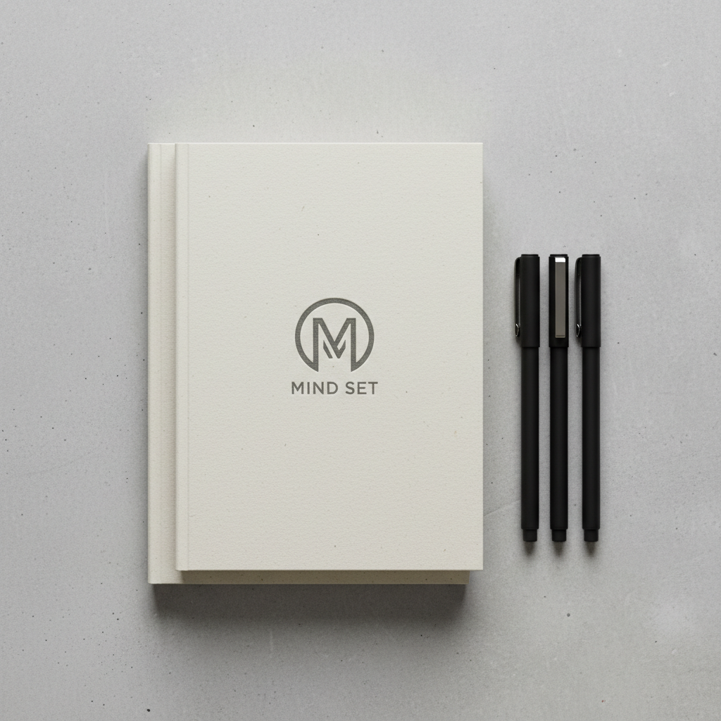 Minimalist branded notebooks stacked with pens beside them