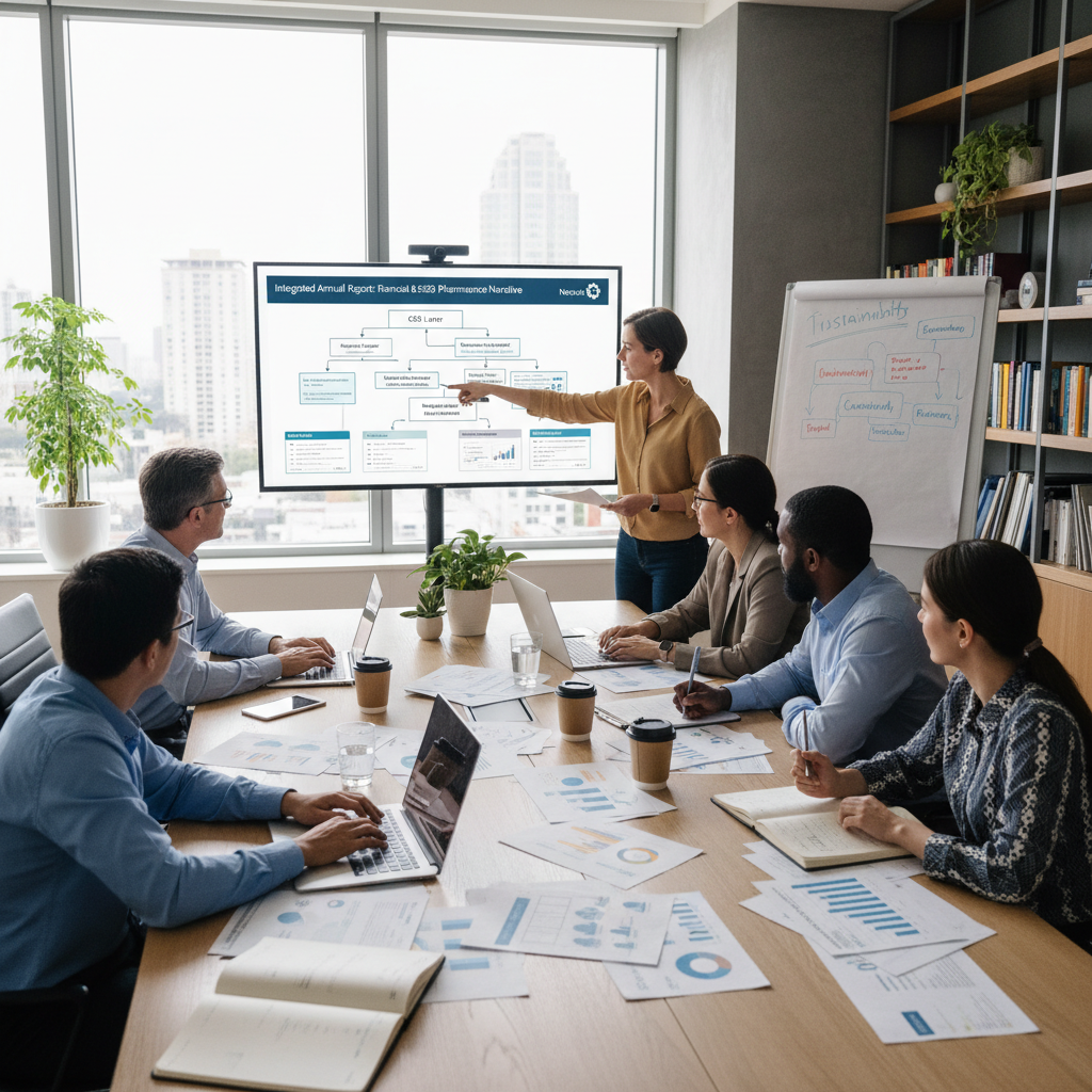 Professional team around a conference table in a modern office, engaged in discussion with presentation on screen