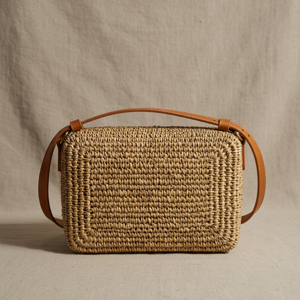 Natural raffia woven crossbody bag with leather strap detail