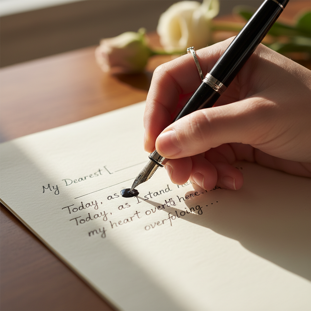 Person writing wedding vows on loose paper with fountain pen, ink still wet on the page
