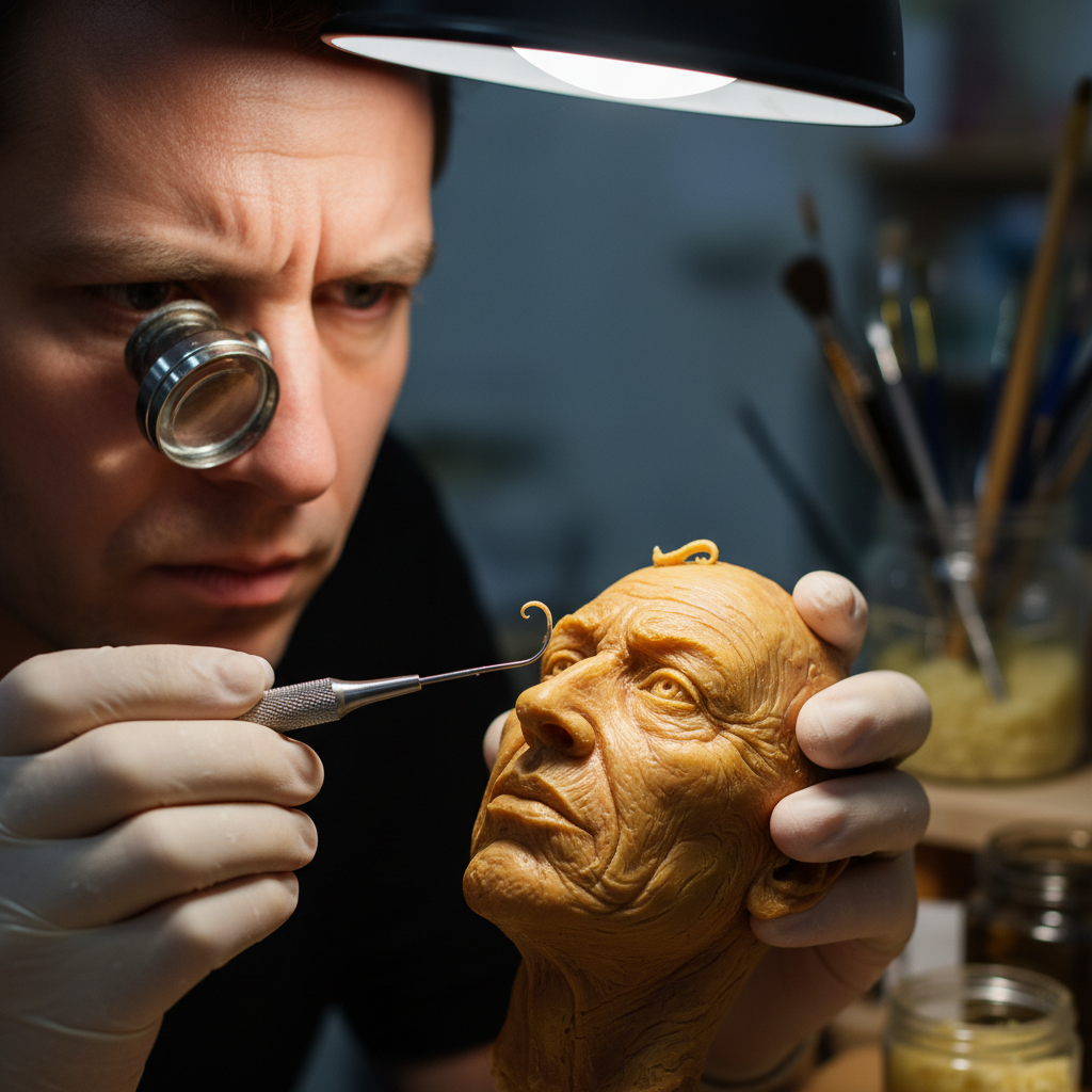 Artisan sculptor working with intense focus on detailed wax face, magnifying tools visible