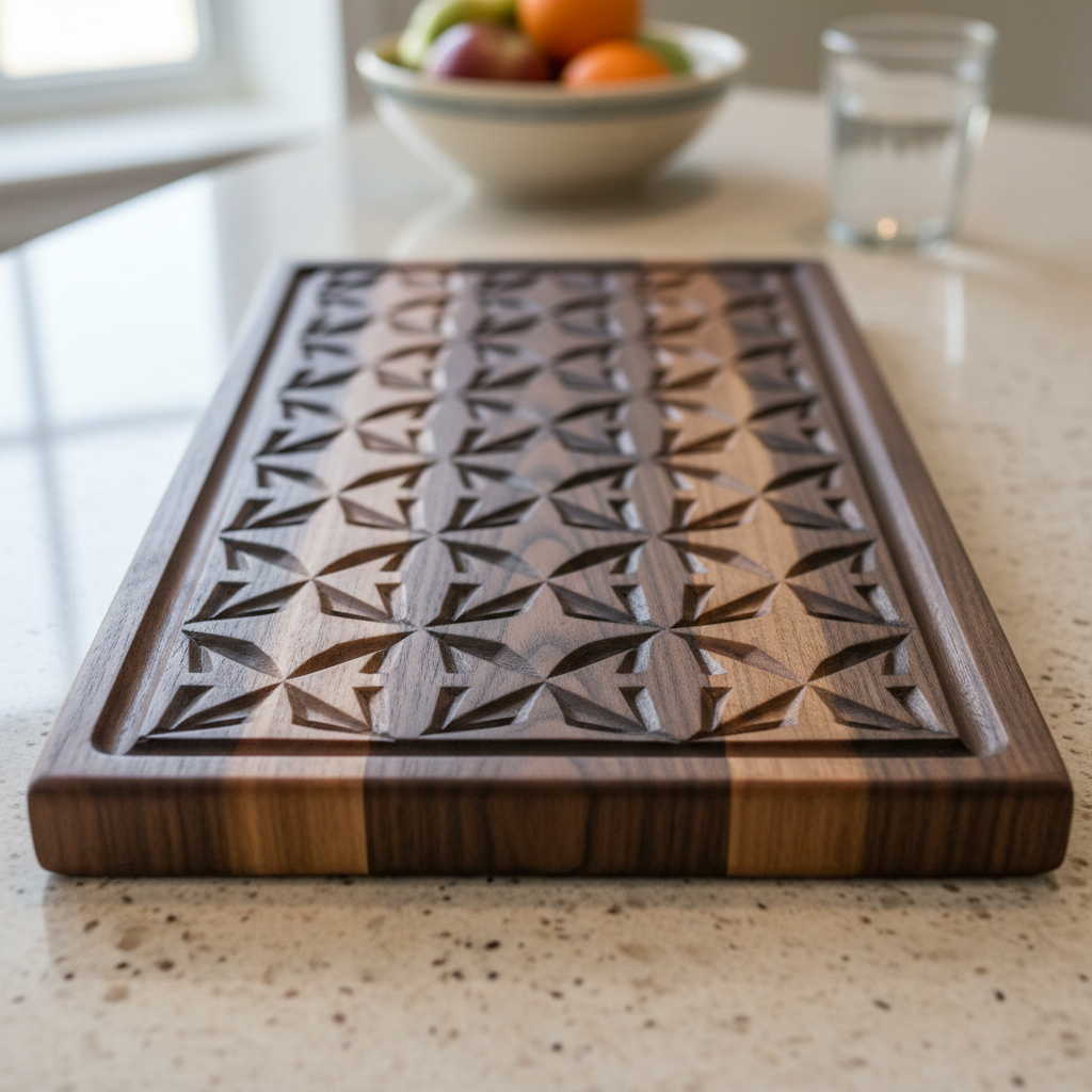 White oak serving tray with carved handles and natural wax finish on a wooden dining table