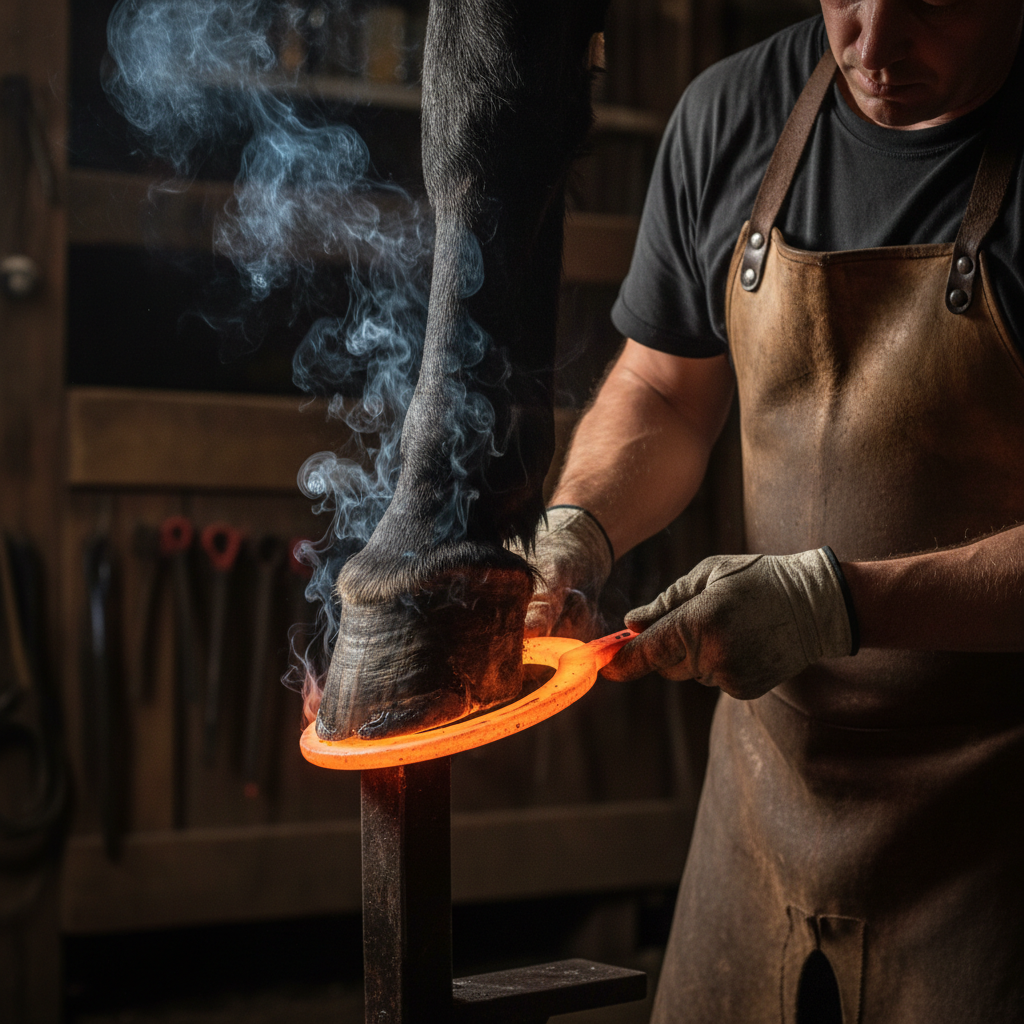 Professional farrier fitting horseshoe on horse hoof, bright natural light, clean stable environment