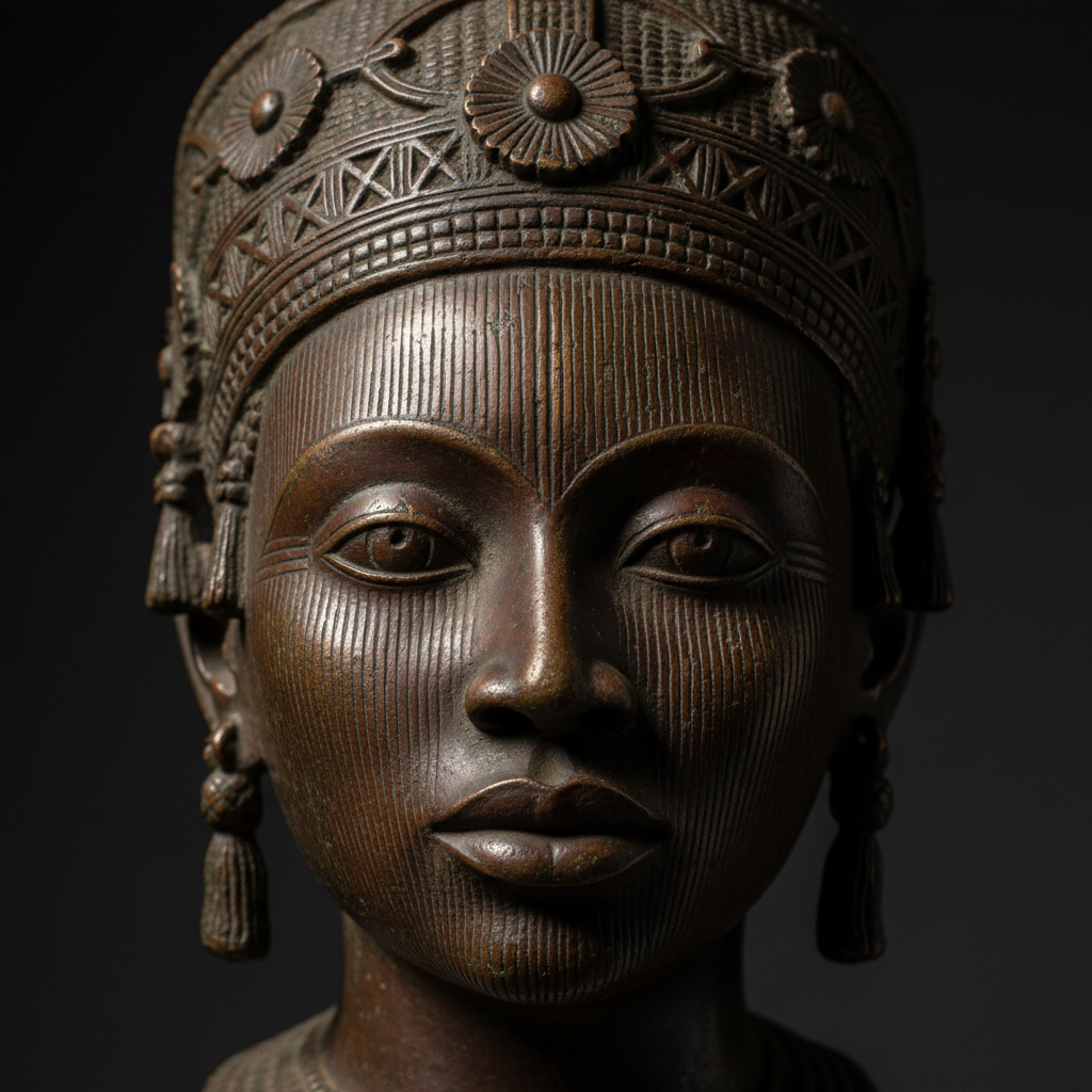 Tête en bronze de la civilisation Ife avec traits fins et couronne, éclairée dramatiquement sur fond sombre