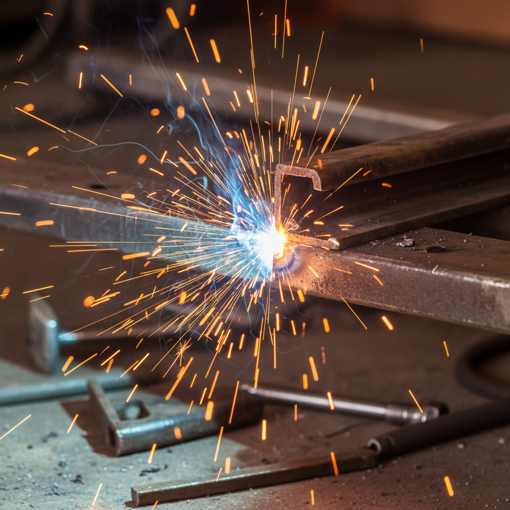 Welding sparks flying from garage door track repair, close-up of metal work in industrial setting