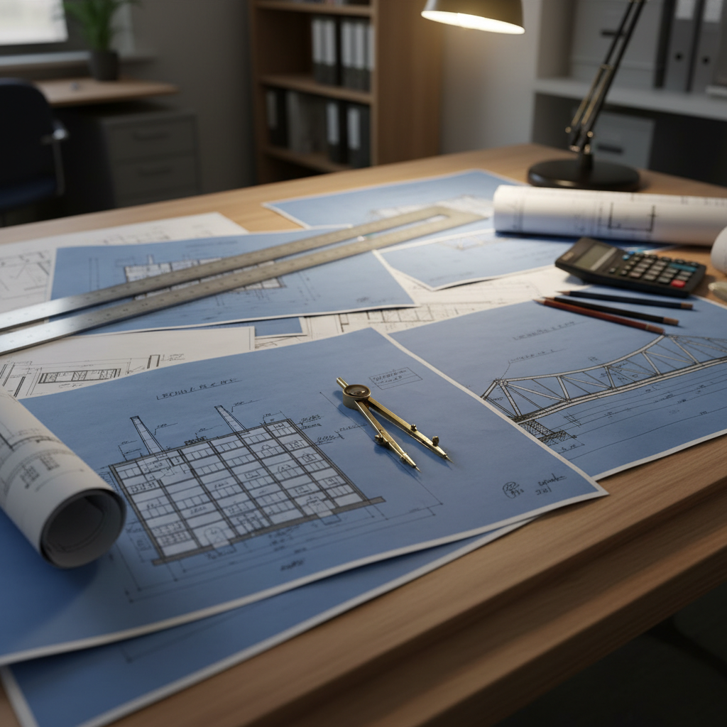 Civil engineering blueprint drawings and technical documents spread on a workspace with precision instruments