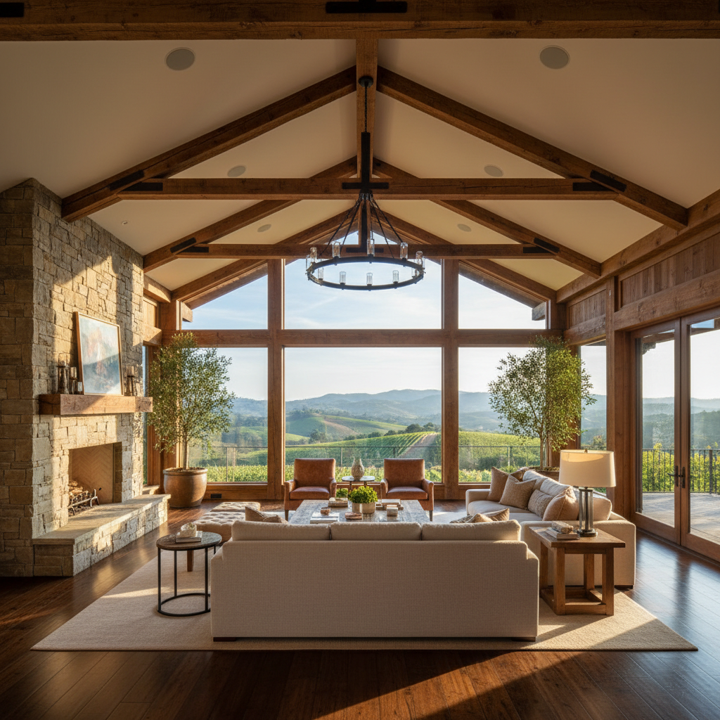 Founder's Suite grand living room, vaulted ceiling, stone and timber, panoramic windows overlooking Napa Valley