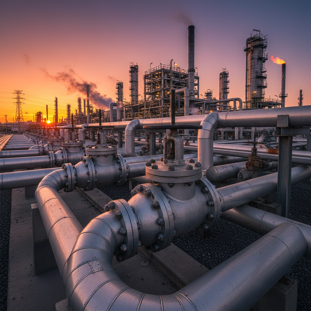 Oil refinery at dusk with industrial pipes and blue sky