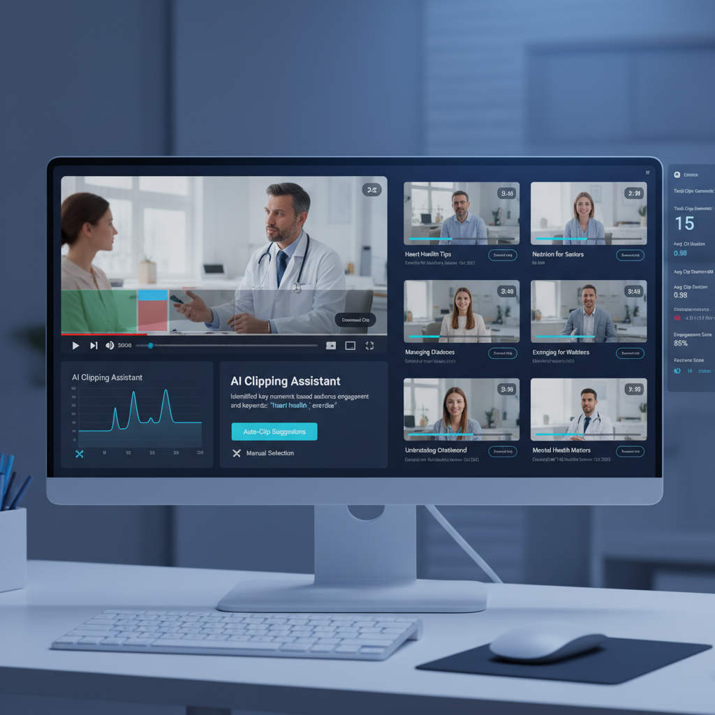 AI video clipping dashboard showing short-form content being extracted from a long-form healthcare video