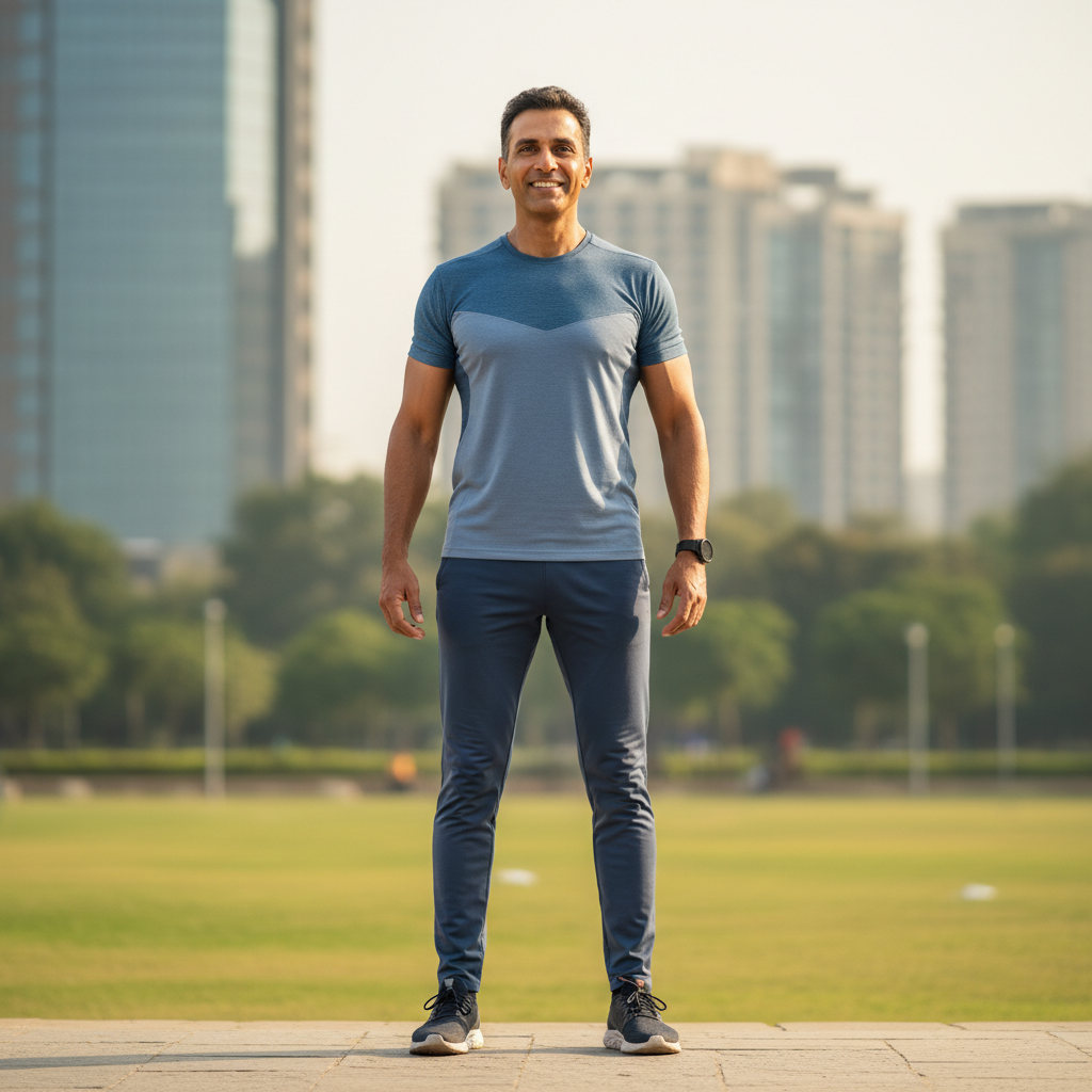 Athletic man in running gear smiling outdoors in park