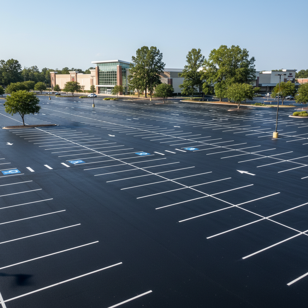 Large commercial parking lot freshly paved with bright white lane markings