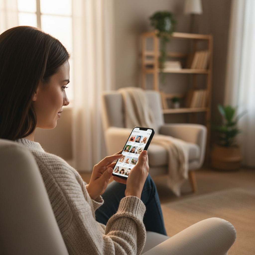 Person booking on a smartphone in a cozy home office with morning light