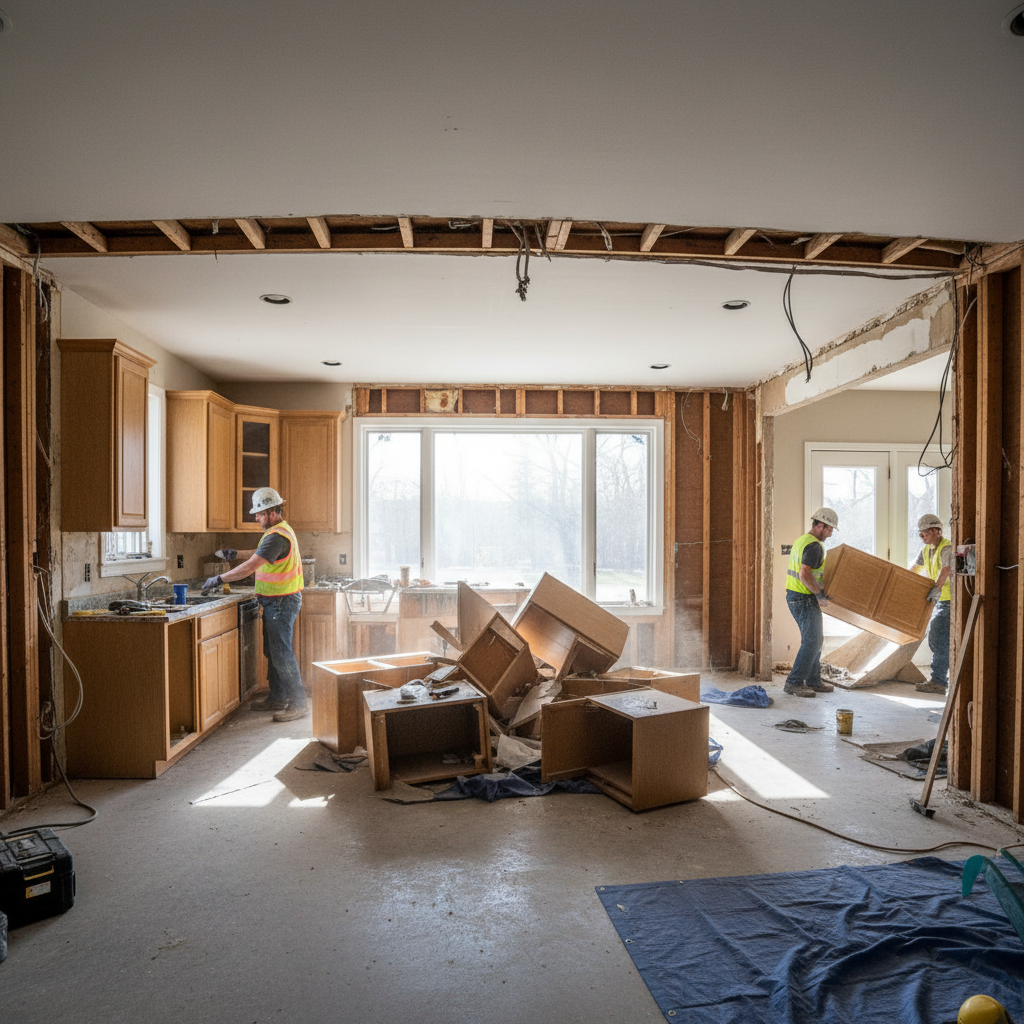 Gutted Victorian kitchen mid-renovation showing exposed brick and original timber framing
