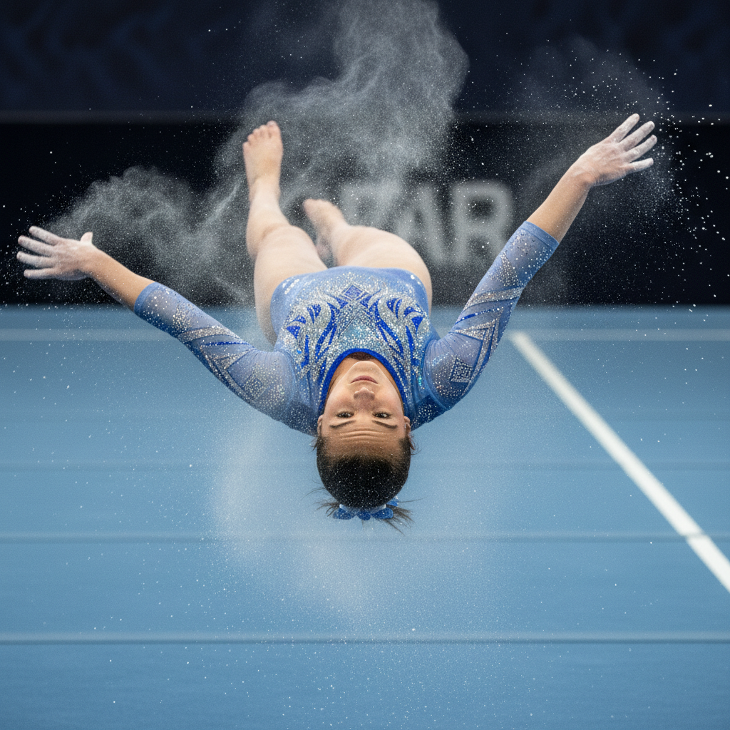 Gymnast mid-rotation on the floor exercise, chalk dusting from hands