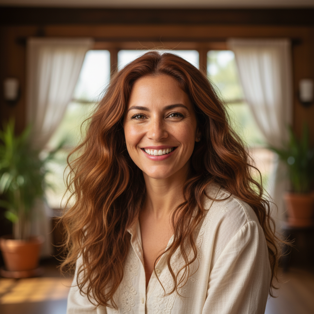 Filipino woman smiling confidently, warm indoor lighting, blurred shop background