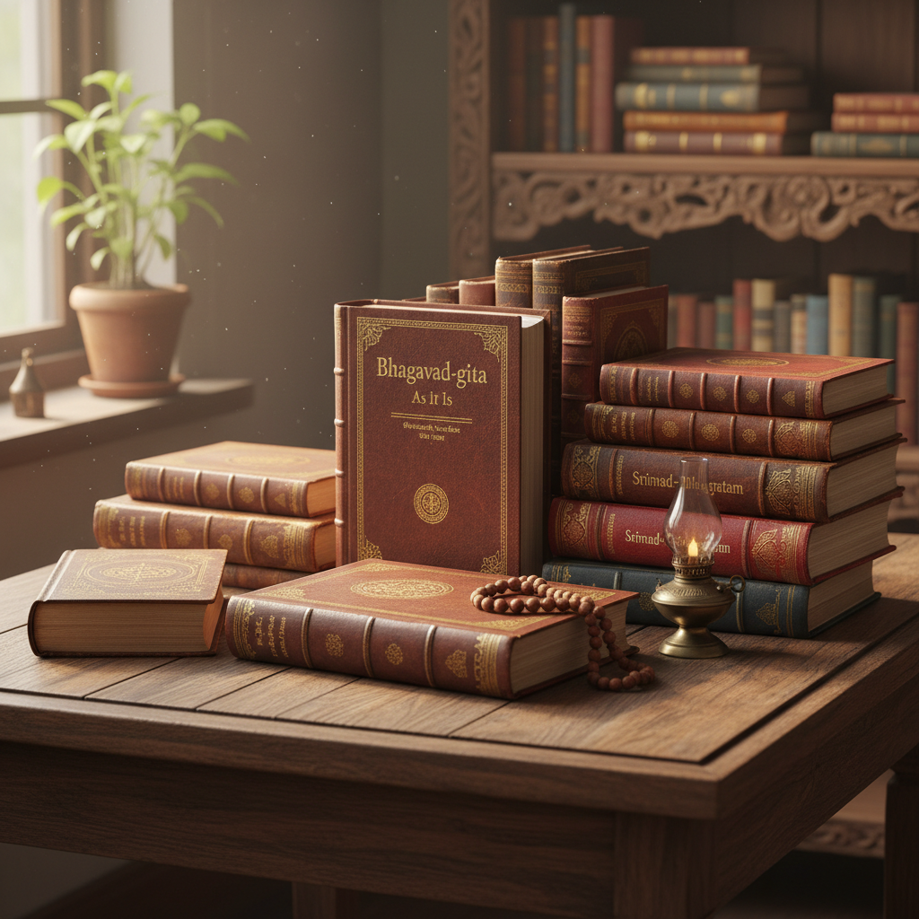Collection of spiritual books including Bhagavad-gita and Srimad-Bhagavatam arranged on wooden table