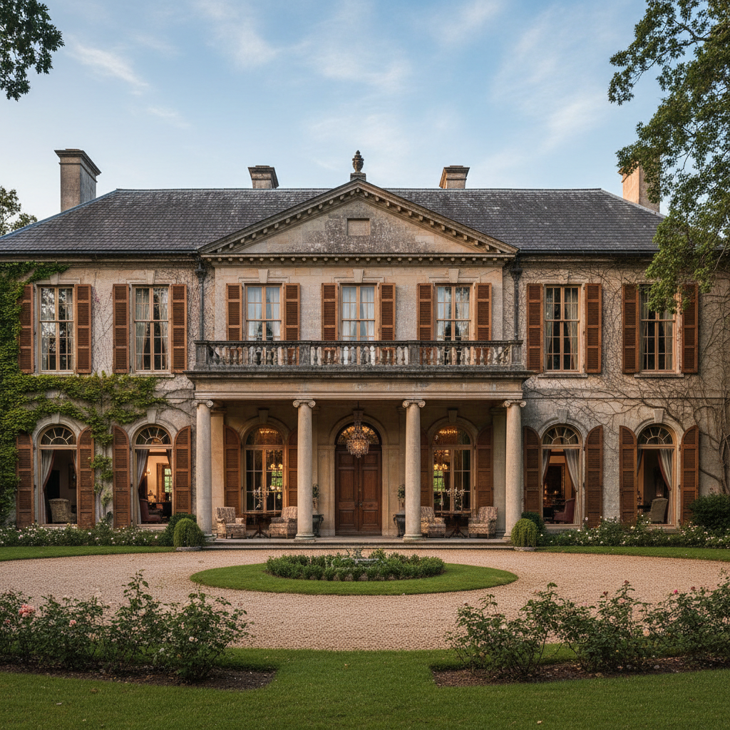 Elegant historic mansion interior with traditional window treatments in rich fabrics and antique furnishings