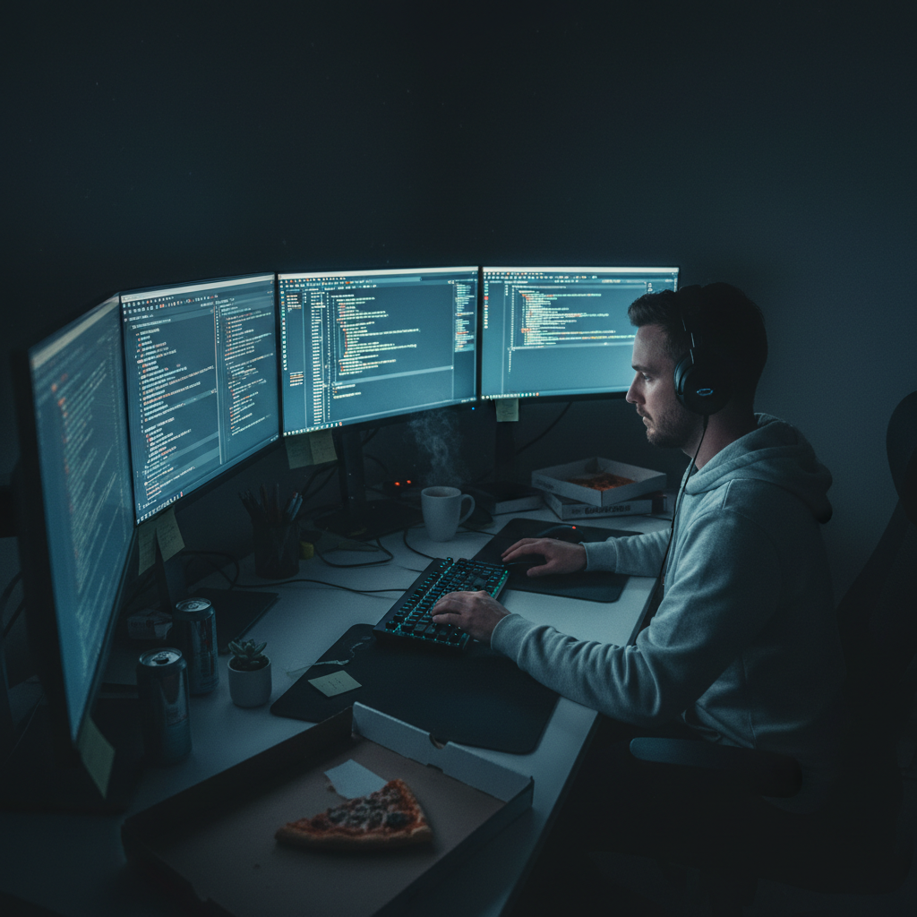 Software engineers writing code on dual monitors with blue IDE theme