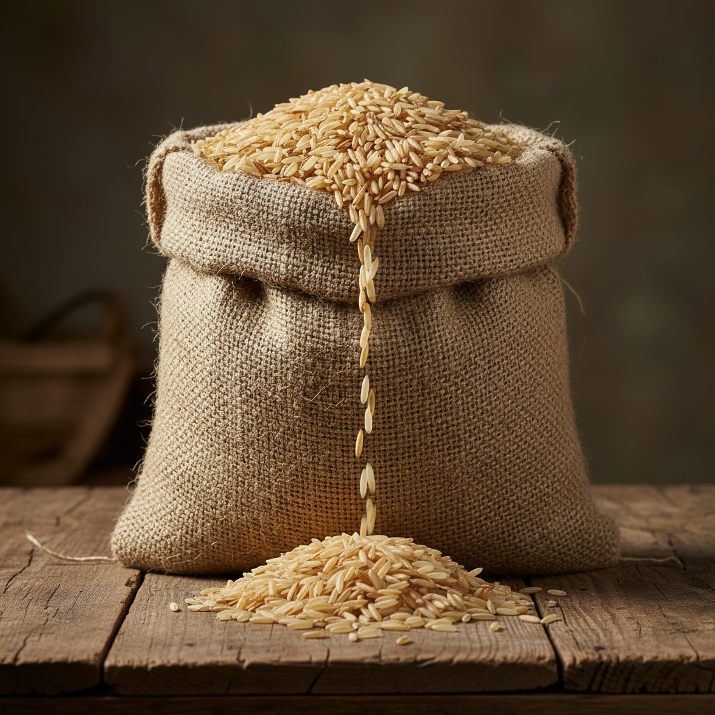 Long grain basmati rice spilled from burlap sack on bright wooden surface