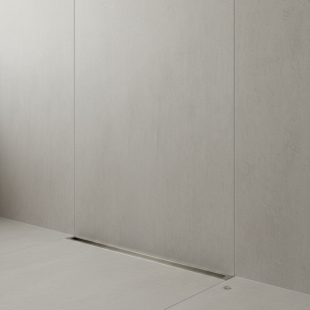Close-up of continuous floor-to-ceiling tile junction with recessed linear drain, no grout break visible