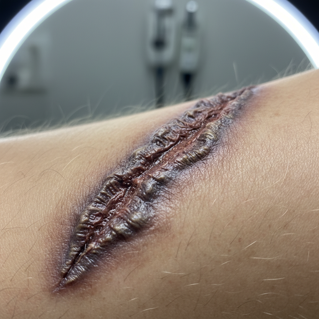Close-up of dramatic SFX wound prosthetic makeup in dim atmospheric studio lighting
