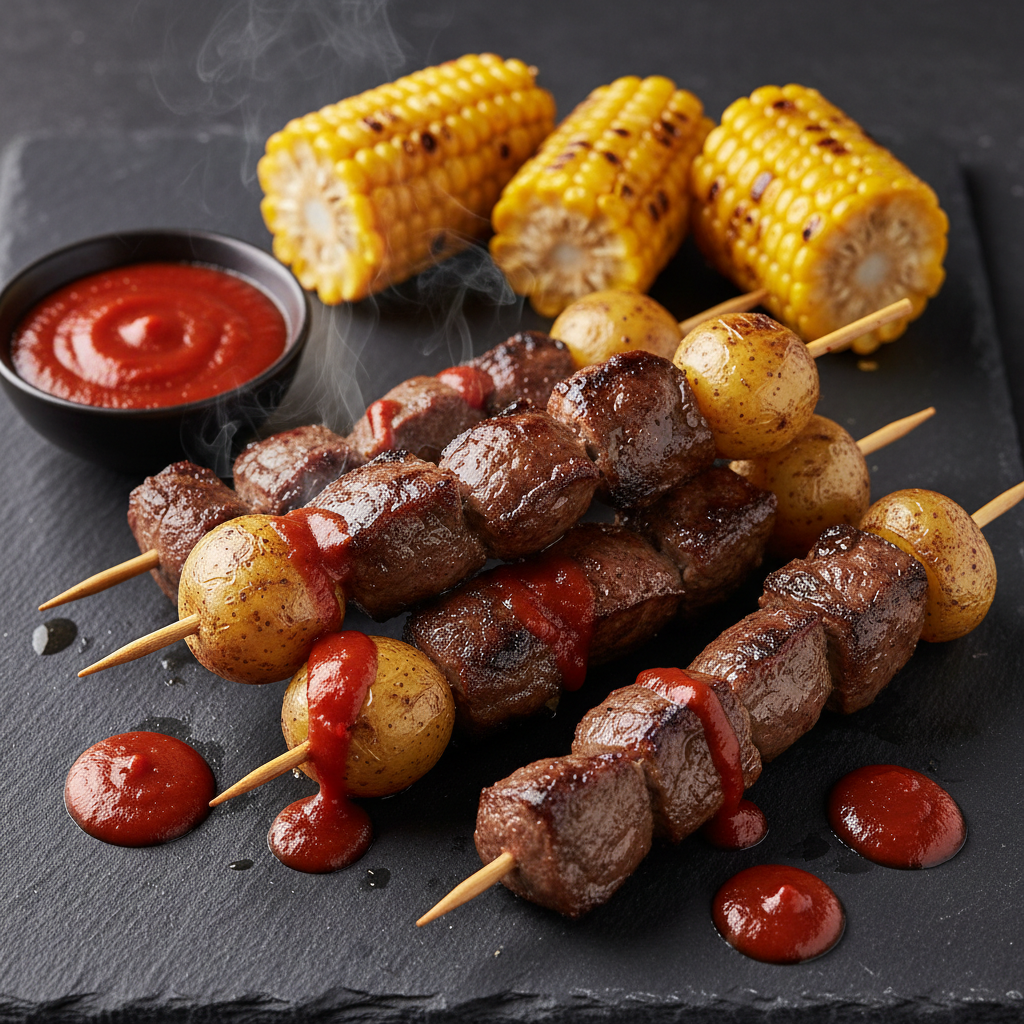 Anticuchos — beef heart skewers charred on open coals, dripping fat, with ají panca glaze