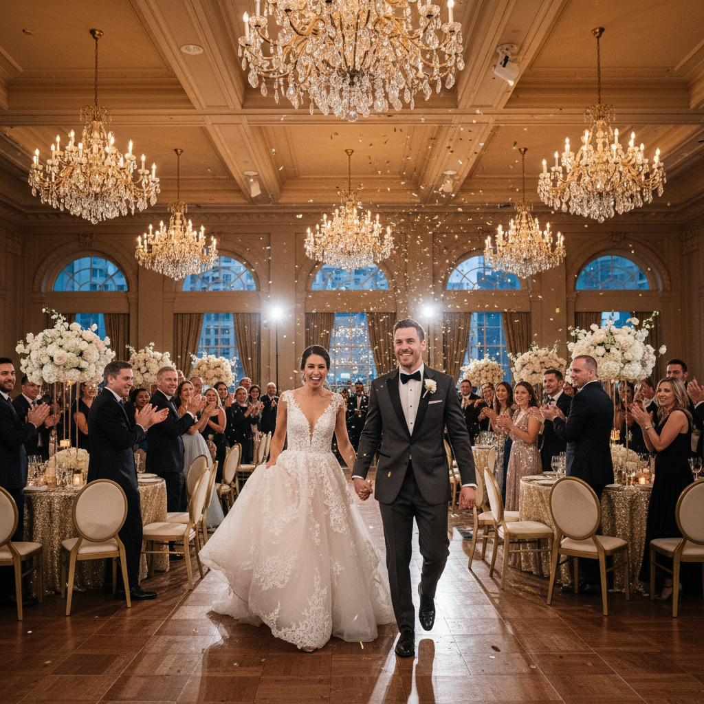 Wedding couple making grand entrance into reception ballroom